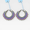 Aretes de Chaquira Huichol, Diseño Media Luna Geométrico Azul Morado Rosa