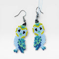 Aretes de Chaquira Huichol: Búhos Azules, Verdes y Amarillos.
