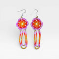 Aretes Naranja, Morado y Amarillo con diseño de flor Huichol