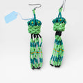 Aretes Huichol de Chaquira, Diseño Circular Verdes y Turquesas con Cascadas.