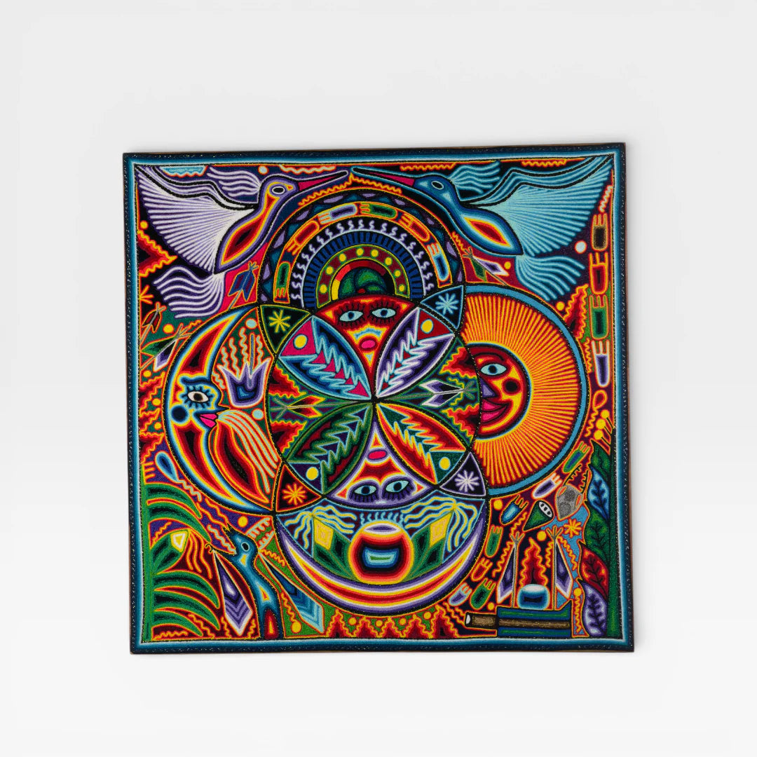 Cuadros de Chaquira Huichol: Arte Patrón Cósmico Naranja, Azul, Rojo
