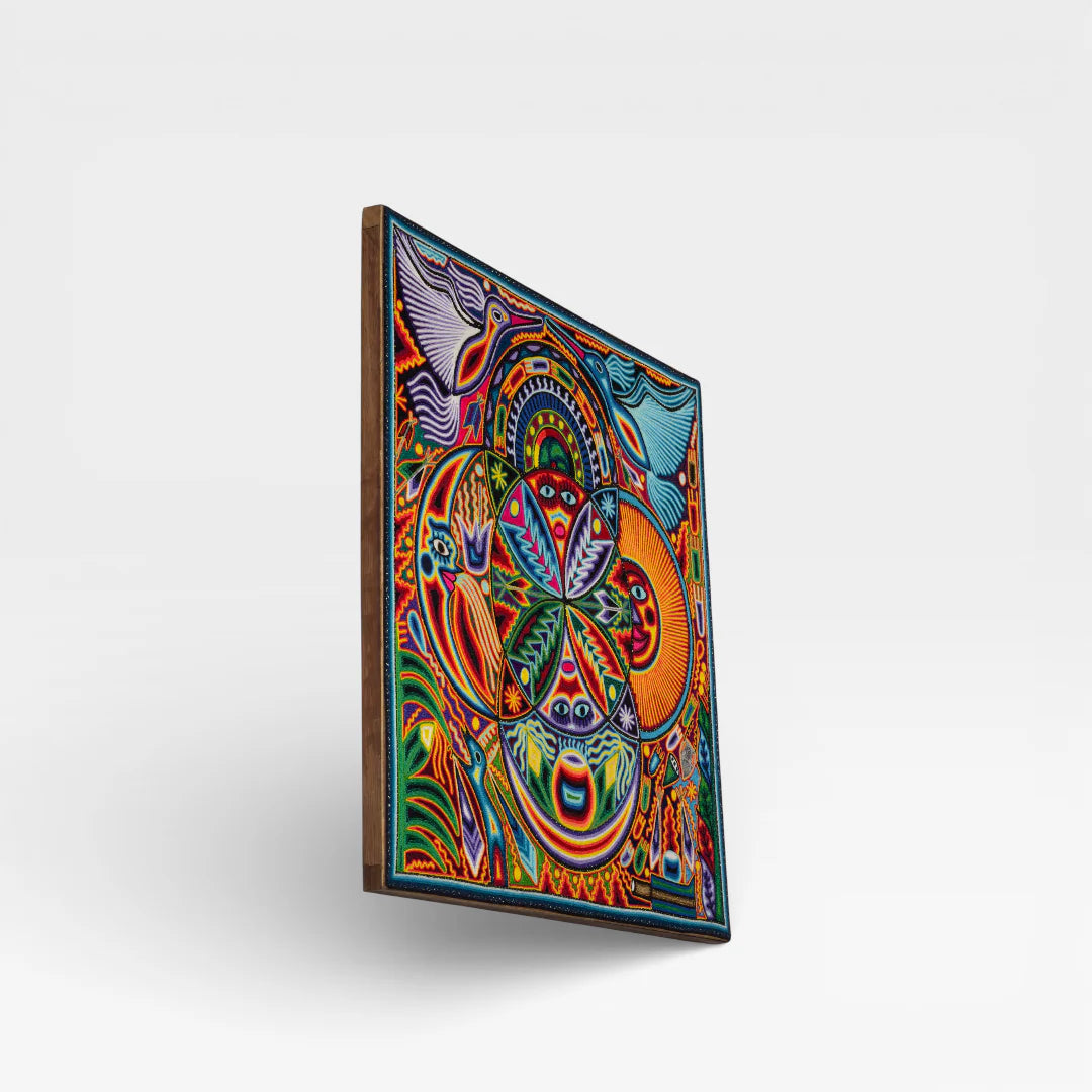 Cuadros de Chaquira Huichol: Arte Patrón Cósmico Naranja, Azul, Rojo