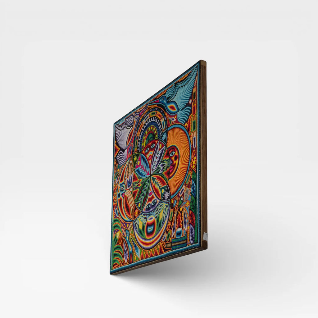 Cuadros de Chaquira Huichol: Arte Patrón Cósmico Naranja, Azul, Rojo