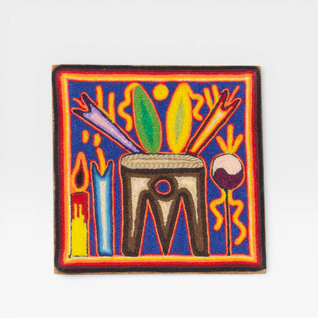 Cuadro de Arte Huichol con Chaquira: Ofrendas Sagradas Azul, Amarillo y Verde