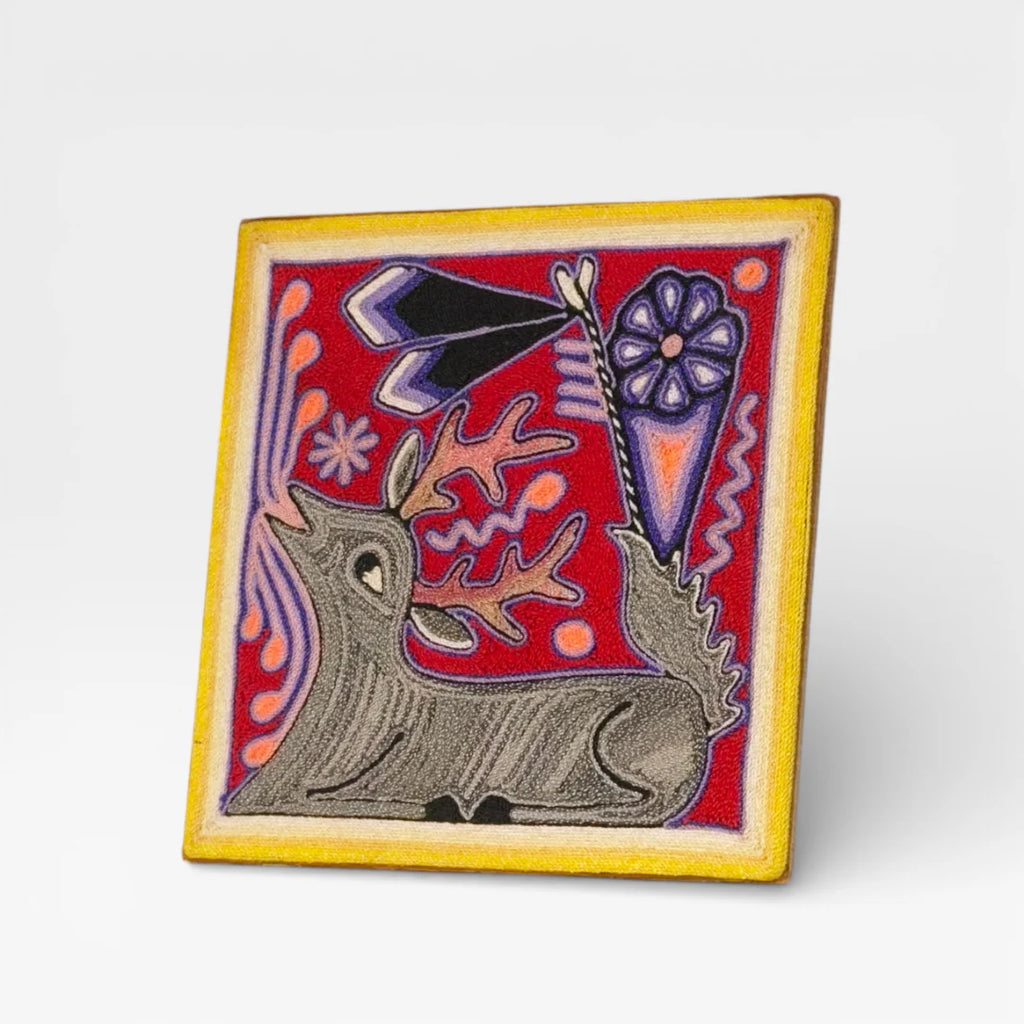 Cuadros Arte Huichol: Venado Chaquira Rojo Amarillo Gris Patrón Simbólico