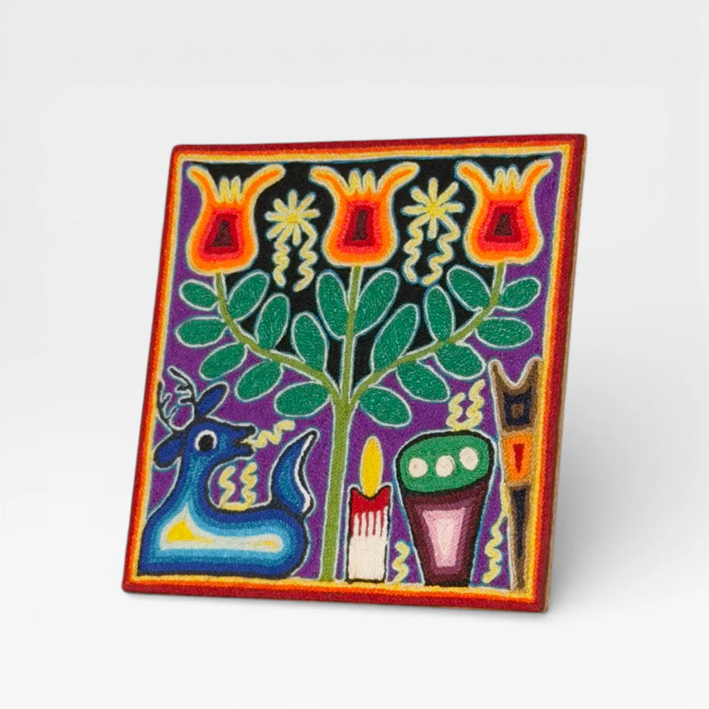 Cuadro Arte Huichol: Árbol de la Vida Violeta, Verde y Rojo con Chaquira