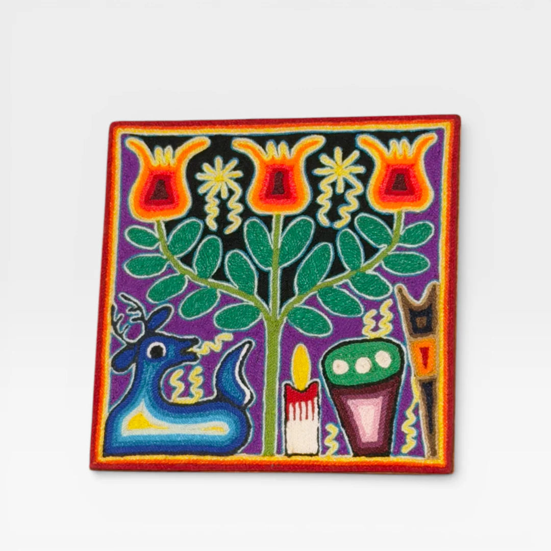 Cuadro Arte Huichol: Árbol de la Vida Violeta, Verde y Rojo con Chaquira