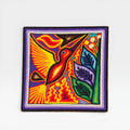 Cuadro de Chaquira Huichol: Colibrí Rojo Amarillo Violeta con Patrón de Hojas y Ondas