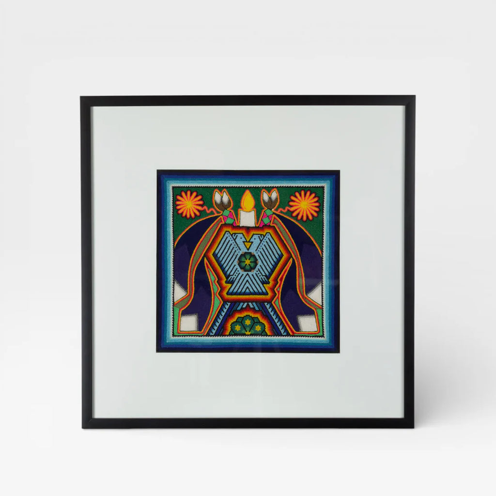 Cuadro de Chaquira Huichol: Deidad Águila Azul Verde Naranja Patrón Geométrico