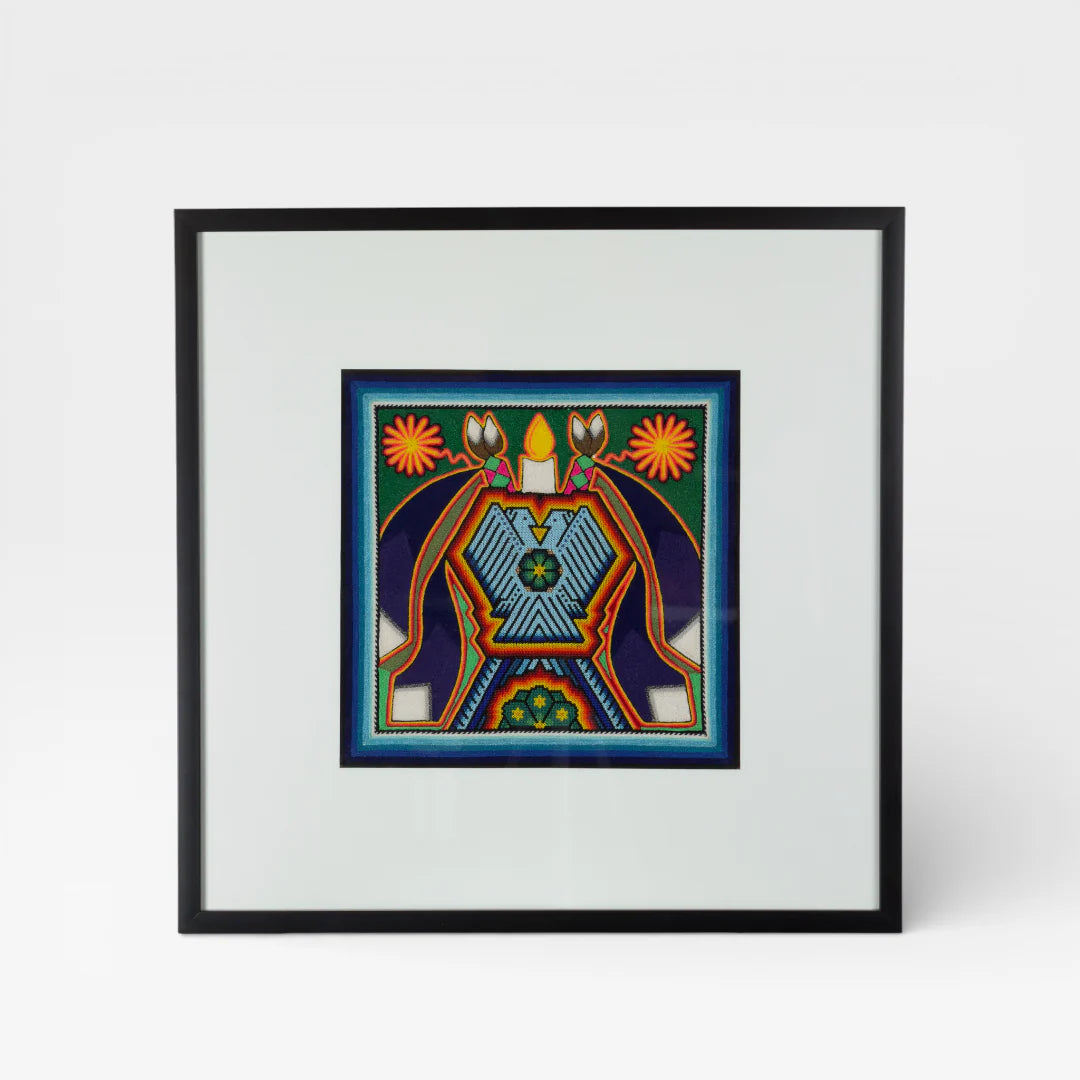 Cuadro de Chaquira Huichol: Deidad Águila Azul Verde Naranja Patrón Geométrico