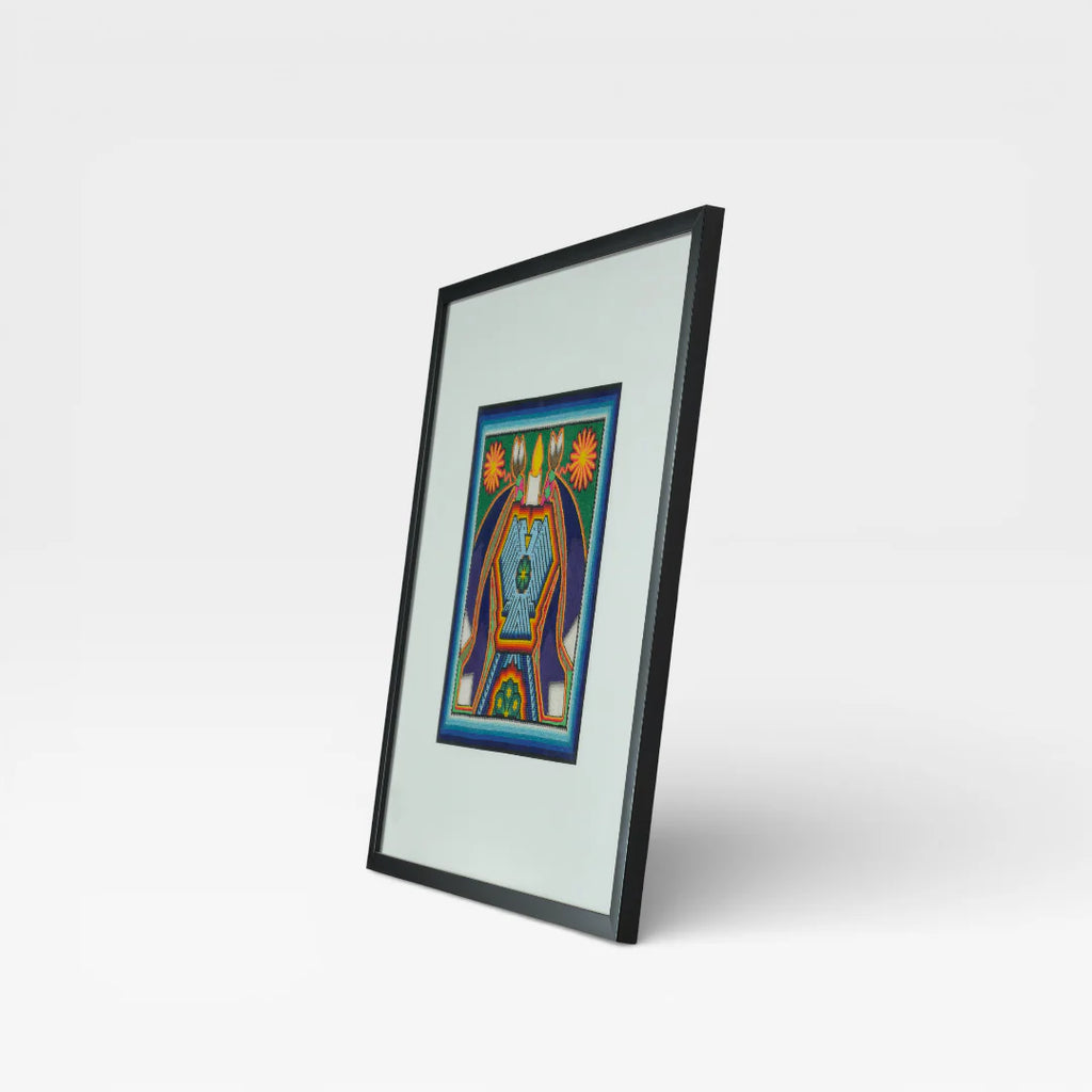 Cuadro de Chaquira Huichol: Deidad Águila Azul Verde Naranja Patrón Geométrico