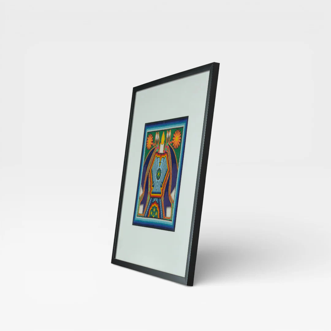 Cuadro de Chaquira Huichol: Deidad Águila Azul Verde Naranja Patrón Geométrico