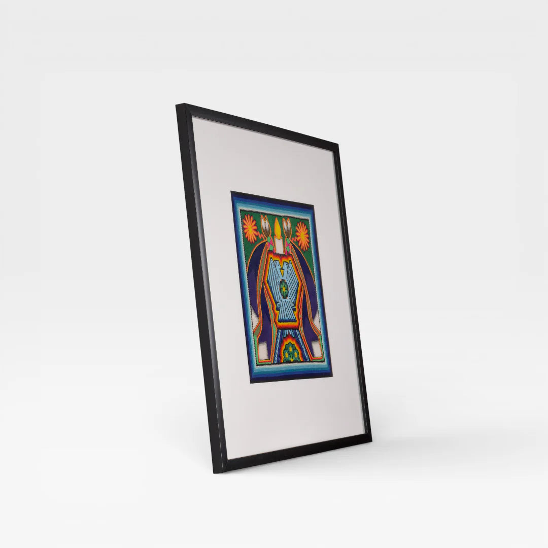 Cuadro de Chaquira Huichol: Deidad Águila Azul Verde Naranja Patrón Geométrico