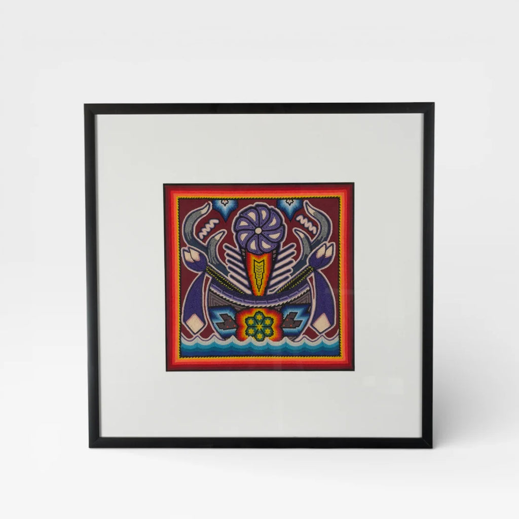 Cuadros Arte Wixárika: Deidad Cósmica Rojo, Violeta y Azul con Patrón Ceremonial