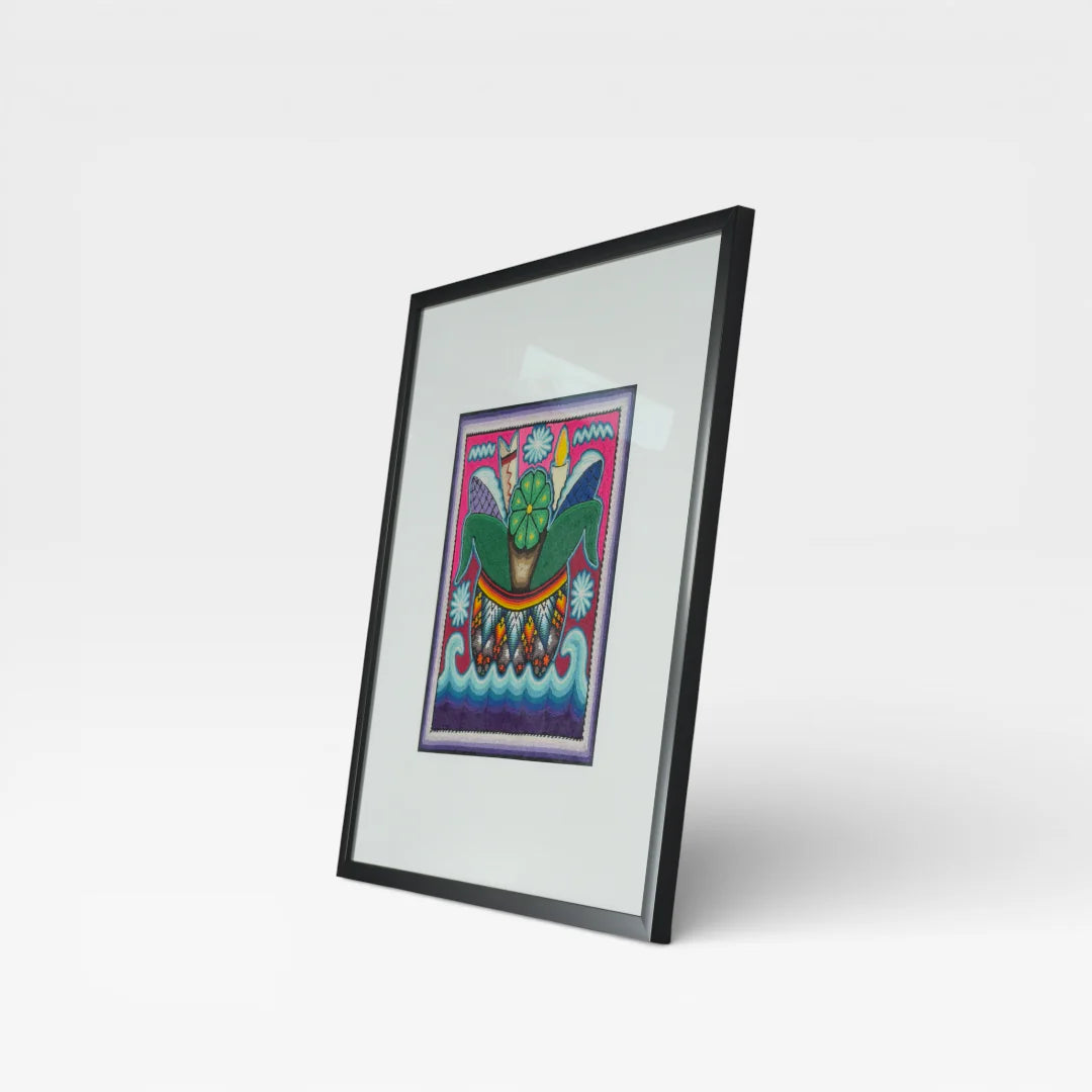 Cuadro Arte Huichol Chaquira: Motivo Floral Rosa Verde con Ondas Moradas
