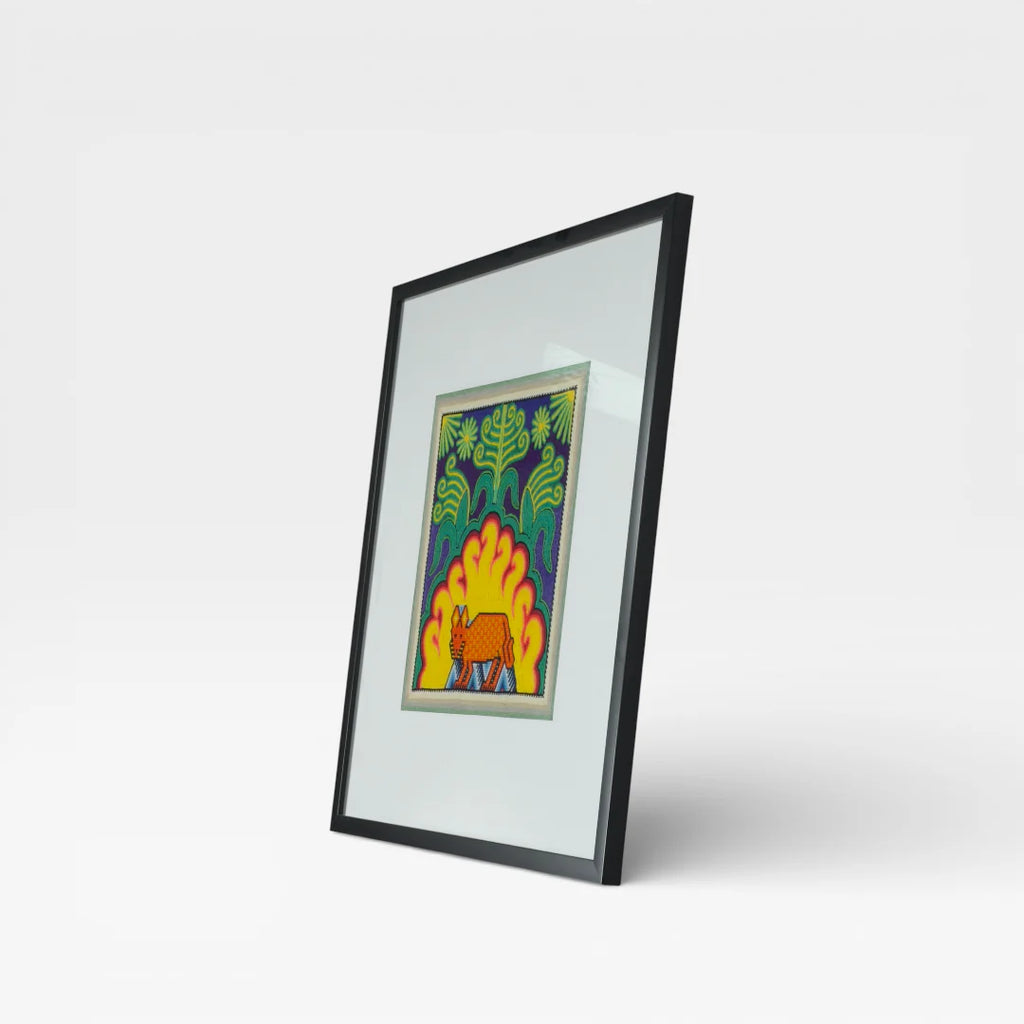 Cuadro Arte Huichol: Venado Naranja Amarillo Verde Patrón Geométrico