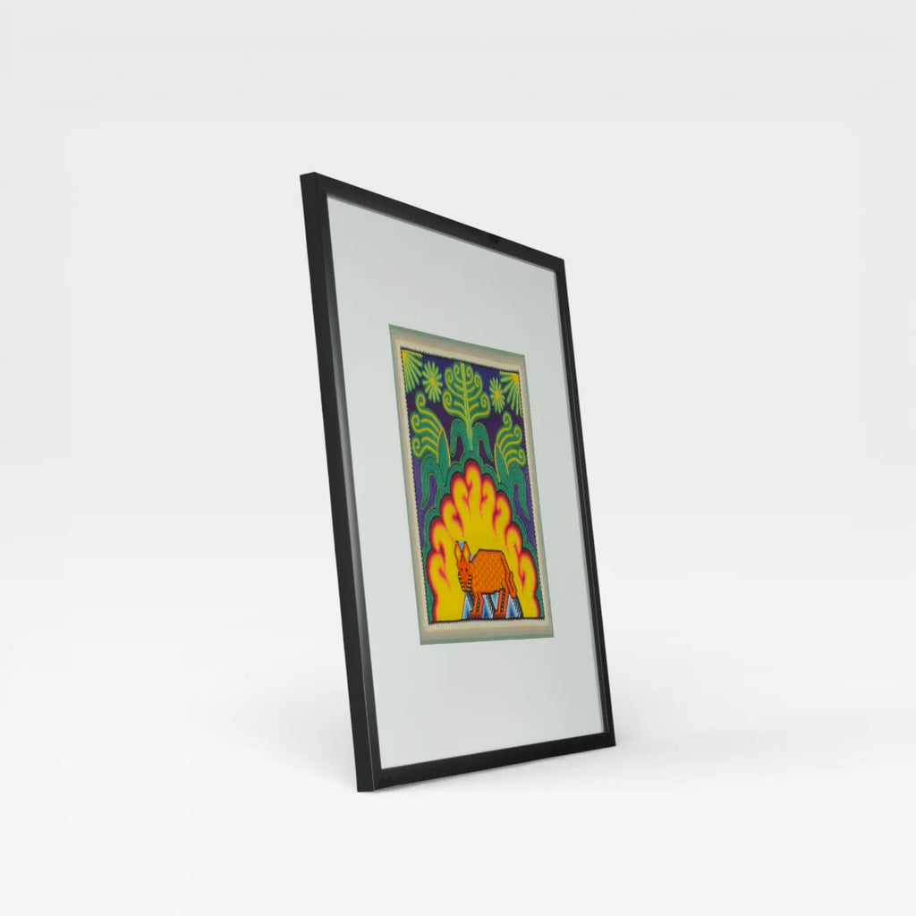 Cuadro Arte Huichol: Venado Naranja Amarillo Verde Patrón Geométrico