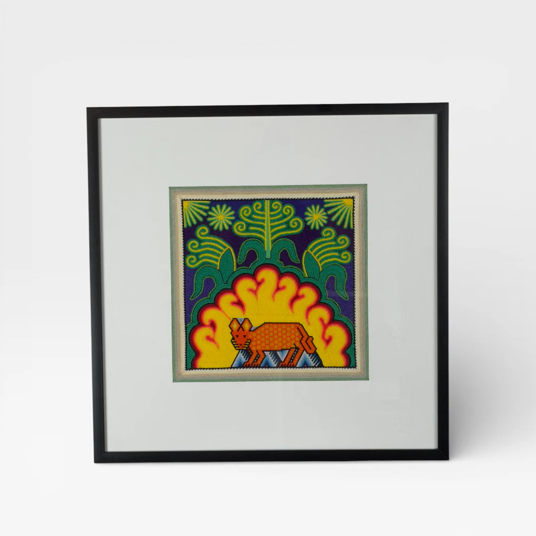 Cuadro Arte Huichol: Venado Naranja Amarillo Verde Patrón Geométrico