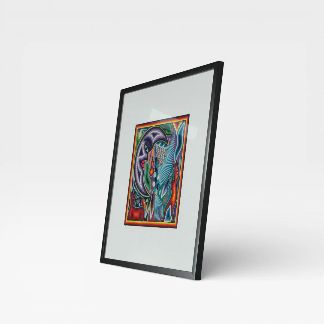 Cuadro de Arte Huichol/Wixárika: Púrpura, Azul y Verde con Patrón Mítico de Chaquira