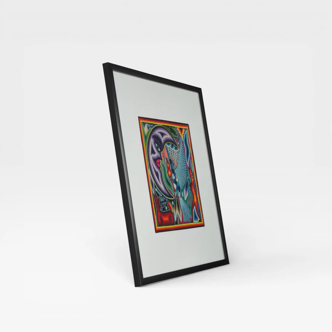 Cuadro de Arte Huichol/Wixárika: Púrpura, Azul y Verde con Patrón Mítico de Chaquira