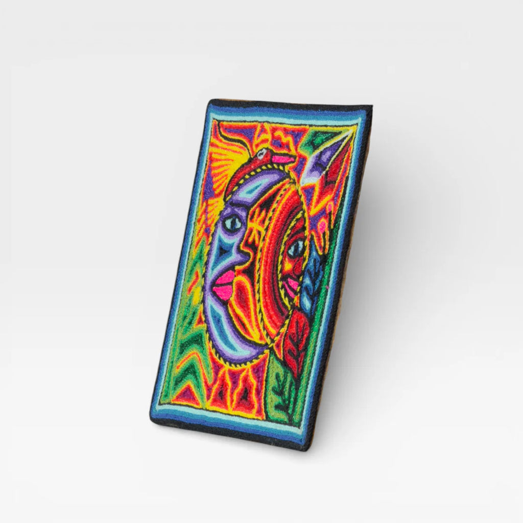 Cuadros: Arte Huichol Chaquira: Rostros Sol y Luna Azul Rojo Patrón Geométrico