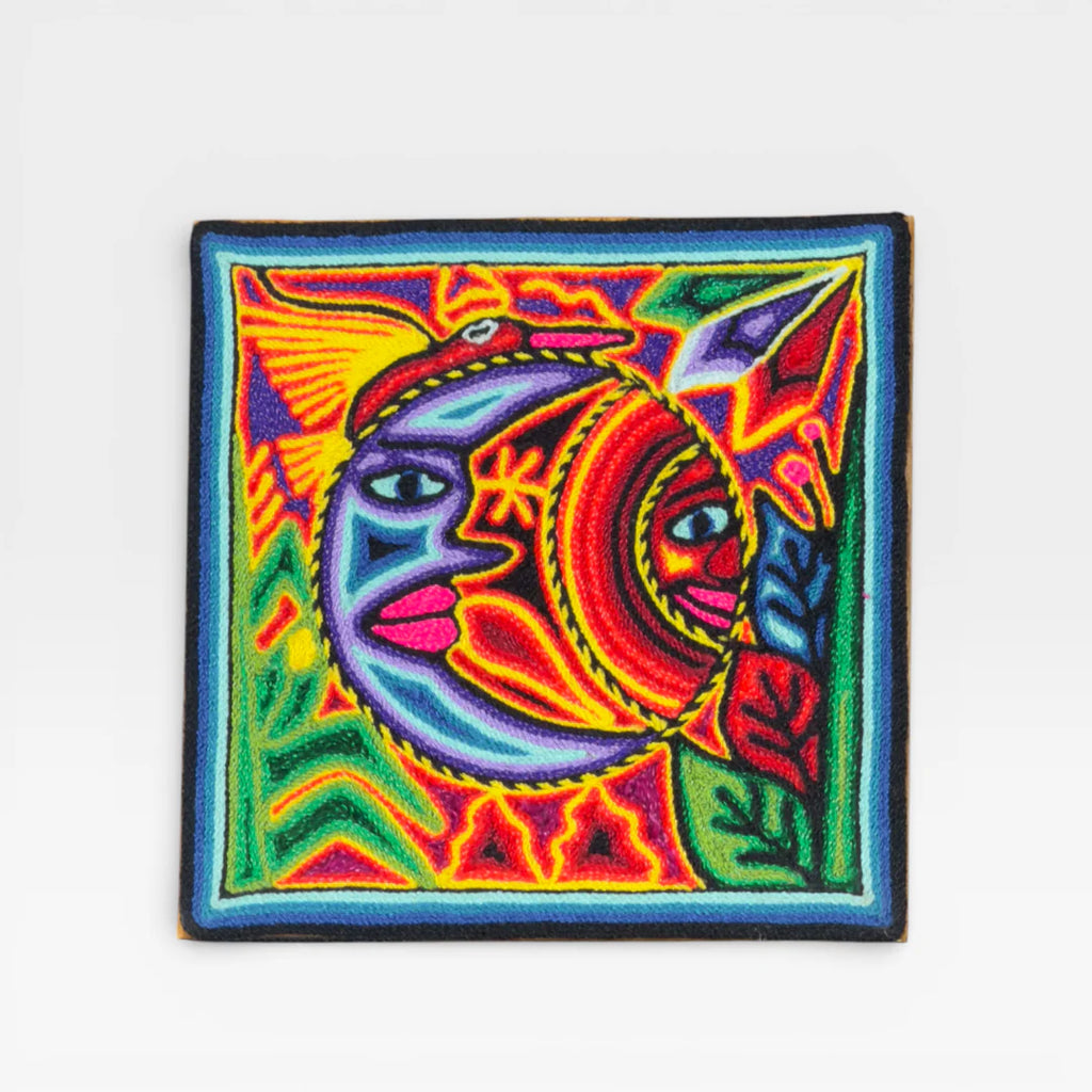 Cuadros: Arte Huichol Chaquira: Rostros Sol y Luna Azul Rojo Patrón Geométrico