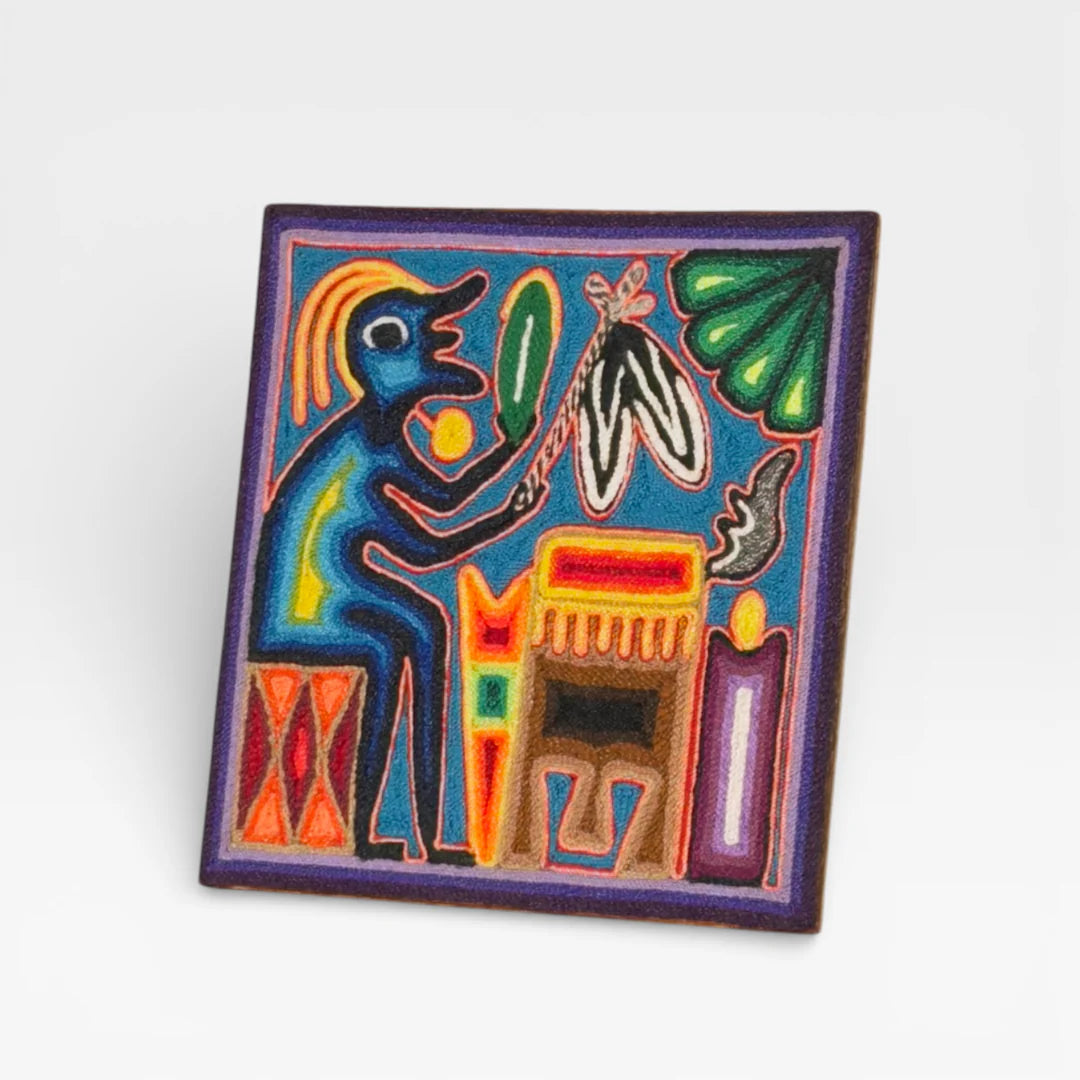 Cuadro Arte Huichol Wixárika de Chaquira: Escena Ritual Azul Naranja Morado