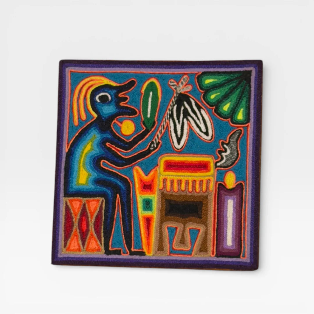 Cuadro Arte Huichol Wixárika de Chaquira: Escena Ritual Azul Naranja Morado