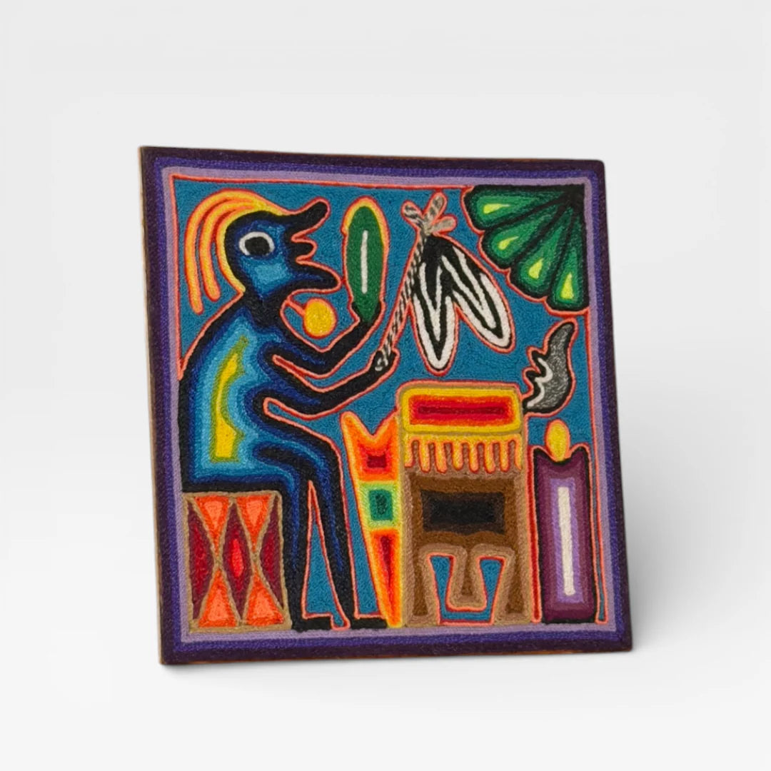 Cuadro Arte Huichol Wixárika de Chaquira: Escena Ritual Azul Naranja Morado