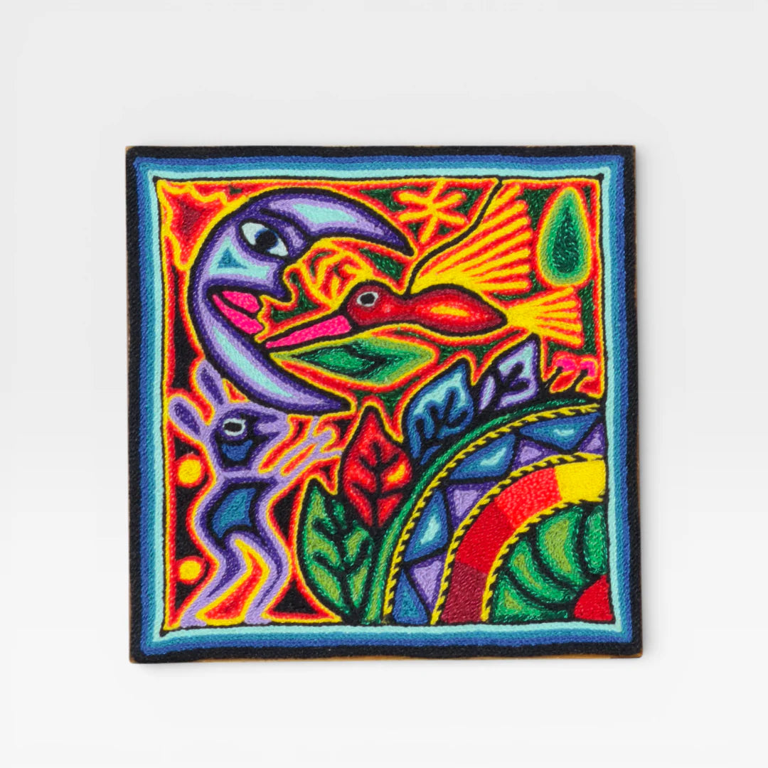 Cuadro Arte Huichol: Luna y Colibrí, Rojo, Amarillo y Violeta, Patrón Geométrico