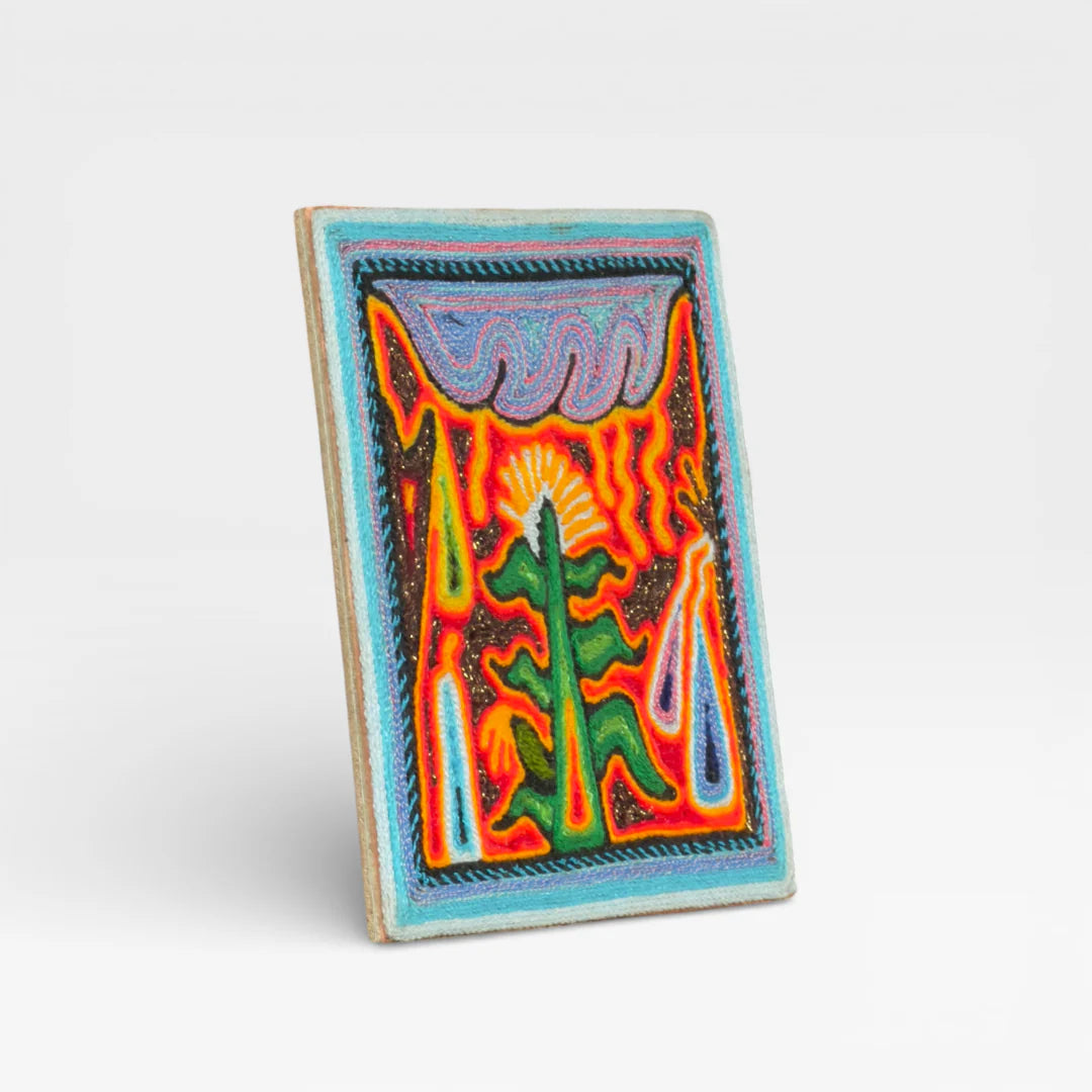 Cuadros Arte Huichol con Chaquira: Peyote, Sol y Lluvia Naranja, Verde y Azul