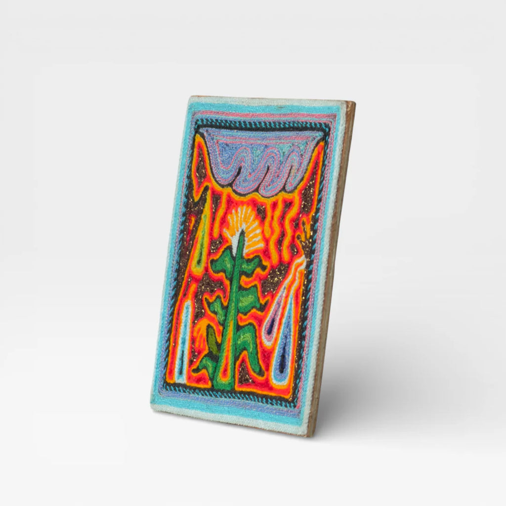 Cuadros Arte Huichol con Chaquira: Peyote, Sol y Lluvia Naranja, Verde y Azul