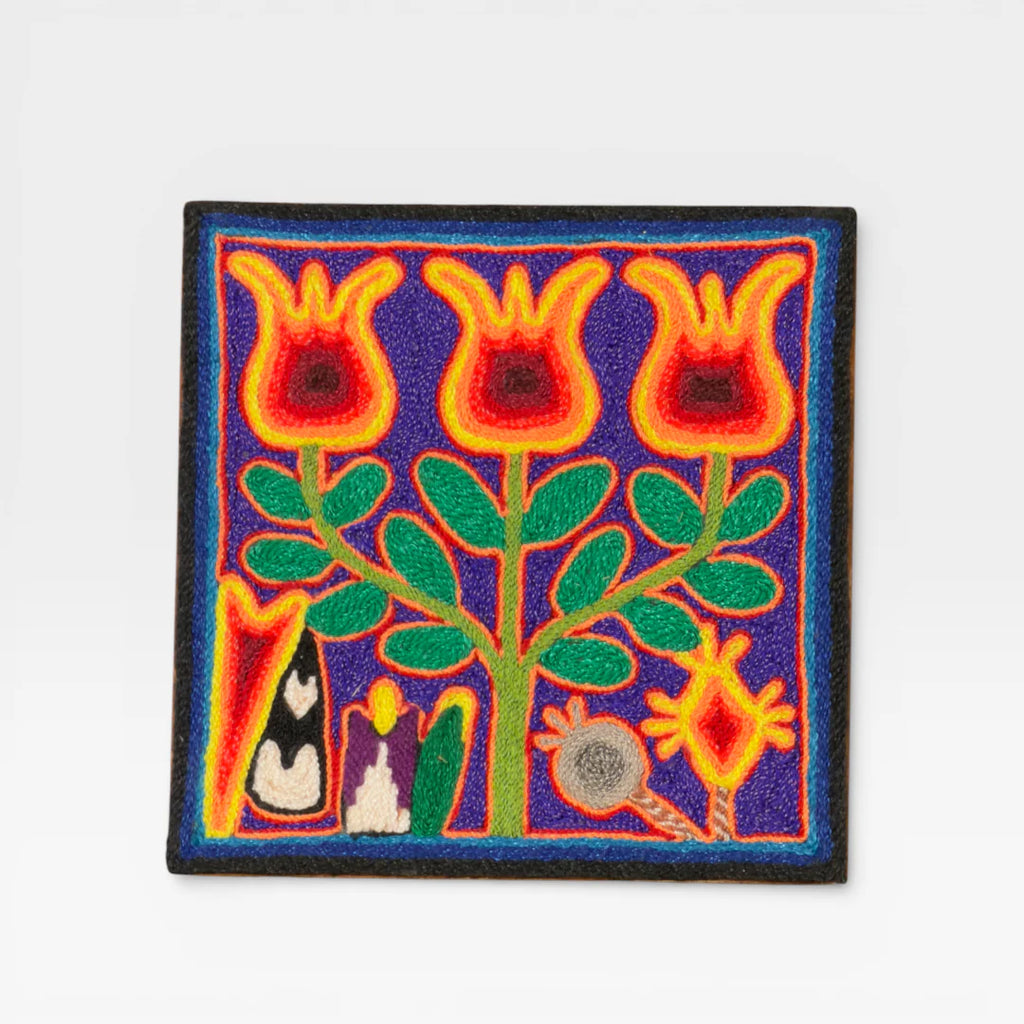 Cuadro de Chaquira Huichol: Árbol de la Vida Morado Rojo Verde con Símbolos Sagrados