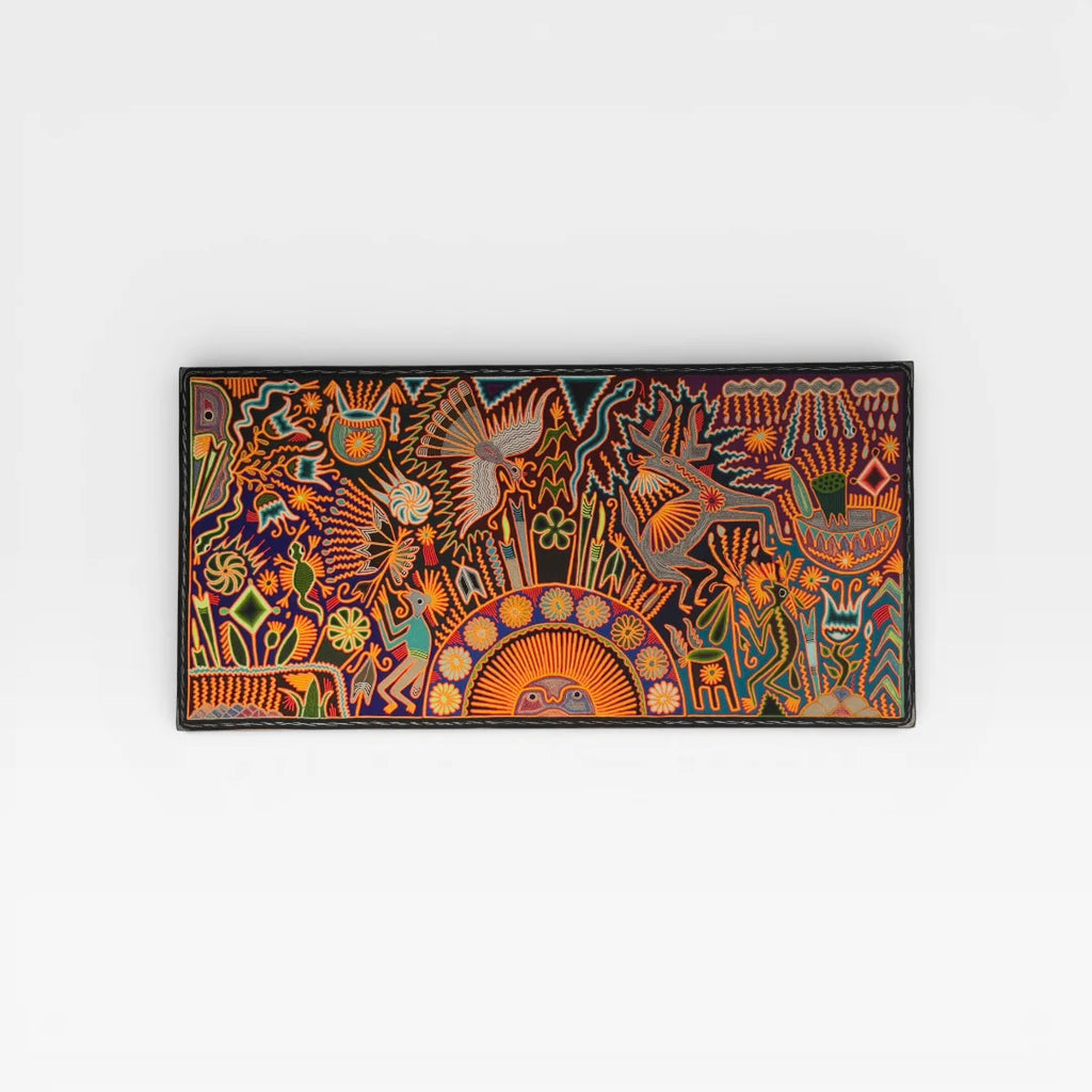 Cuadro de Arte Huichol de Chaquira: Símbolos Sagrados Azul Oscuro, Naranja y Amarillo