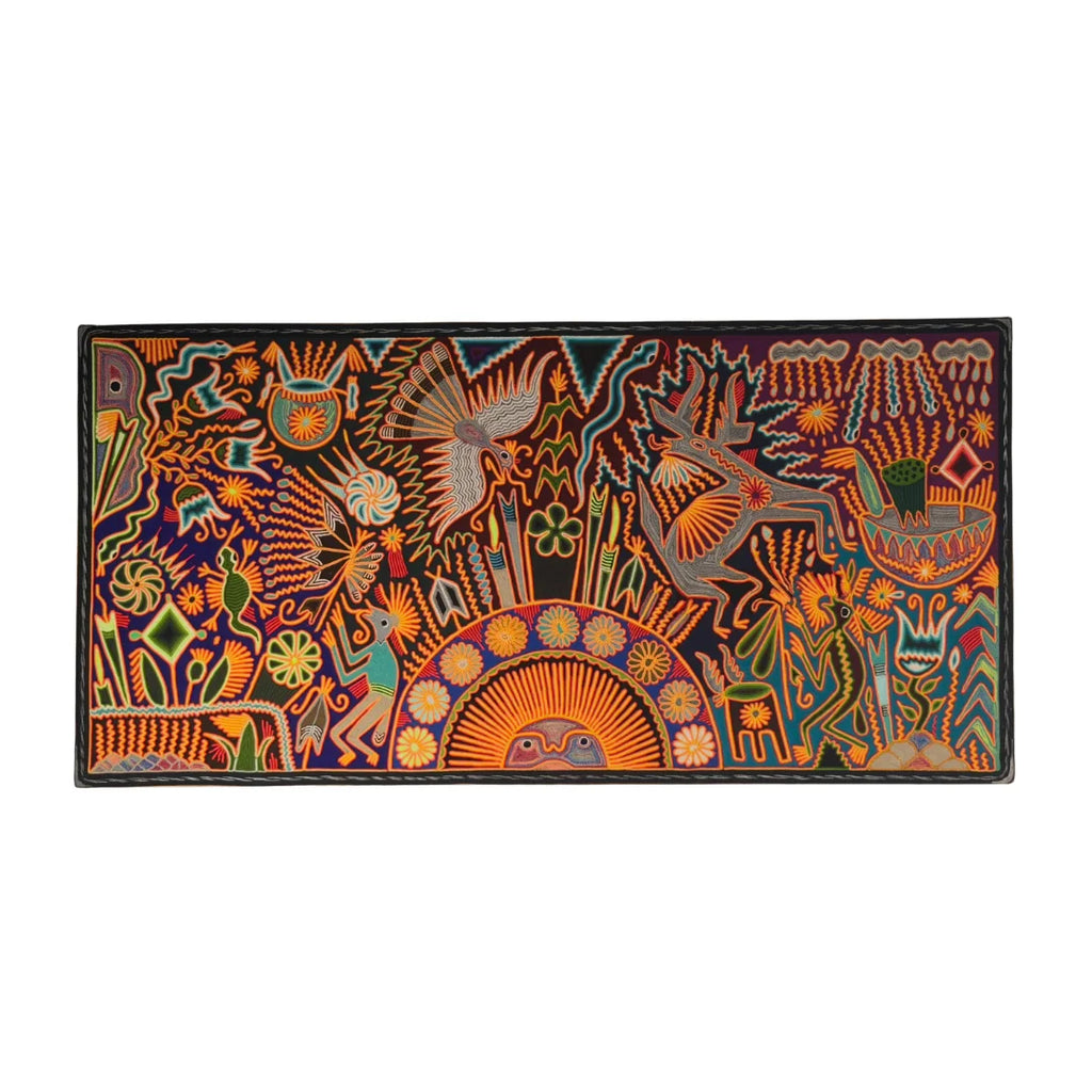 Cuadro de Arte Huichol de Chaquira: Símbolos Sagrados Azul Oscuro, Naranja y Amarillo
