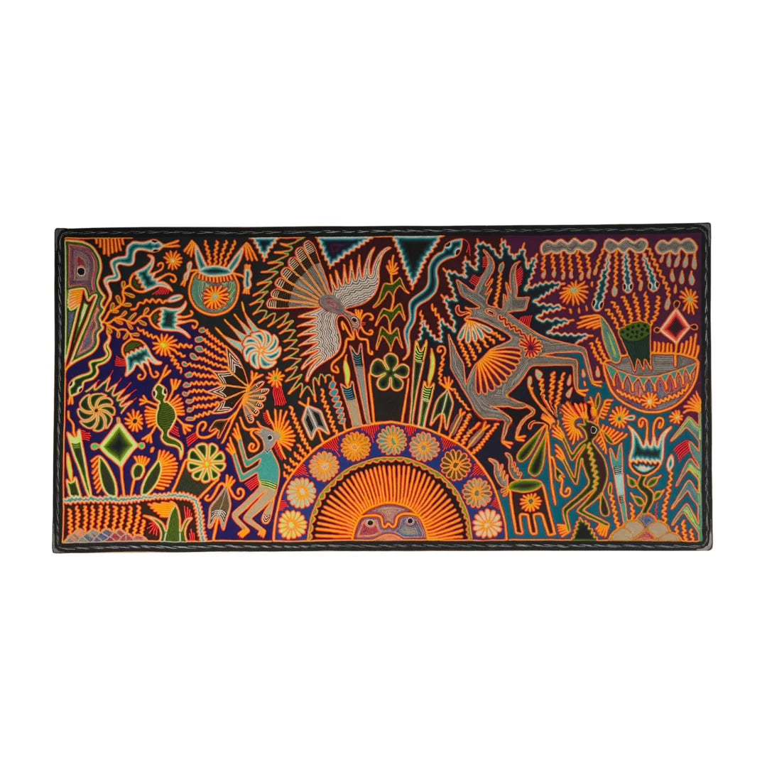 Cuadro de Arte Huichol de Chaquira: Símbolos Sagrados Azul Oscuro, Naranja y Amarillo