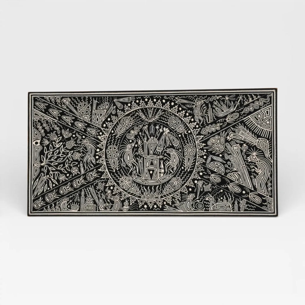 Cuadros Arte Wixárika de Chaquira: Venados y Rituales Ancestrales Blanco y Negro