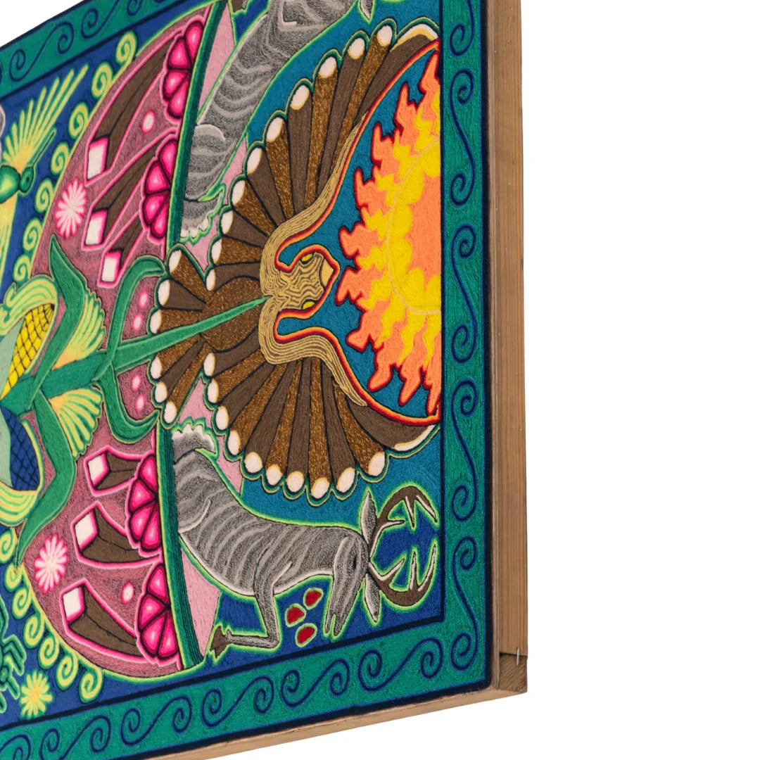 Cuadros Arte Huichol con Chaquira: Águila, Venado y Sol, Diseño Simbólico Azul Rosa Naranja