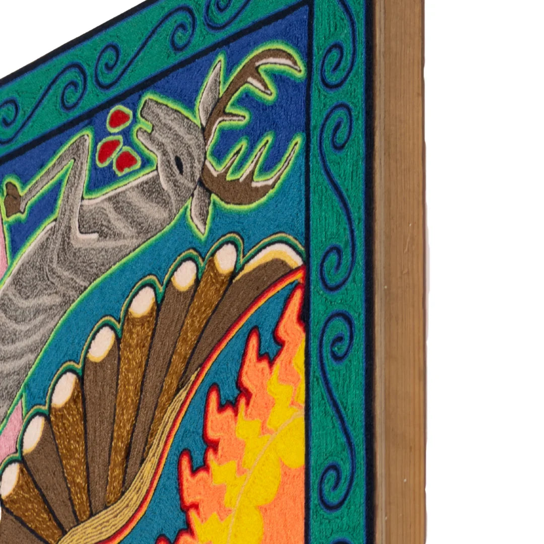 Cuadros Arte Huichol con Chaquira: Águila, Venado y Sol, Diseño Simbólico Azul Rosa Naranja