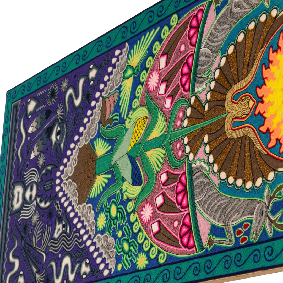 Cuadros Arte Huichol con Chaquira: Águila, Venado y Sol, Diseño Simbólico Azul Rosa Naranja