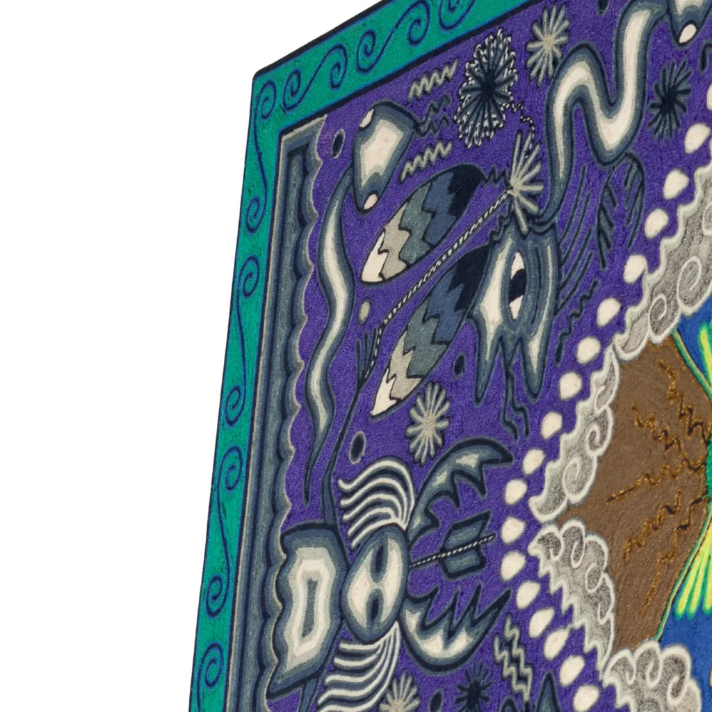 Cuadros Arte Huichol con Chaquira: Águila, Venado y Sol, Diseño Simbólico Azul Rosa Naranja