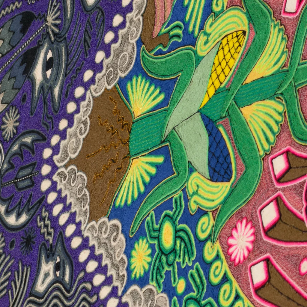 Cuadros Arte Huichol con Chaquira: Águila, Venado y Sol, Diseño Simbólico Azul Rosa Naranja