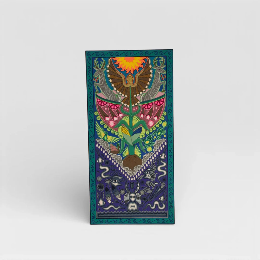 Cuadros Arte Huichol con Chaquira: Águila, Venado y Sol, Diseño Simbólico Azul Rosa Naranja