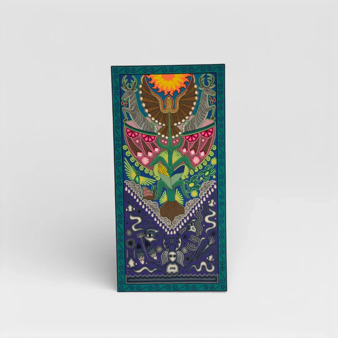 Cuadros Arte Huichol con Chaquira: Águila, Venado y Sol, Diseño Simbólico Azul Rosa Naranja