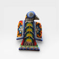 Figura de Chaquira Huichol: Pájaro Azul, Amarillo y Naranja con Intrincado Patrón Geométrico