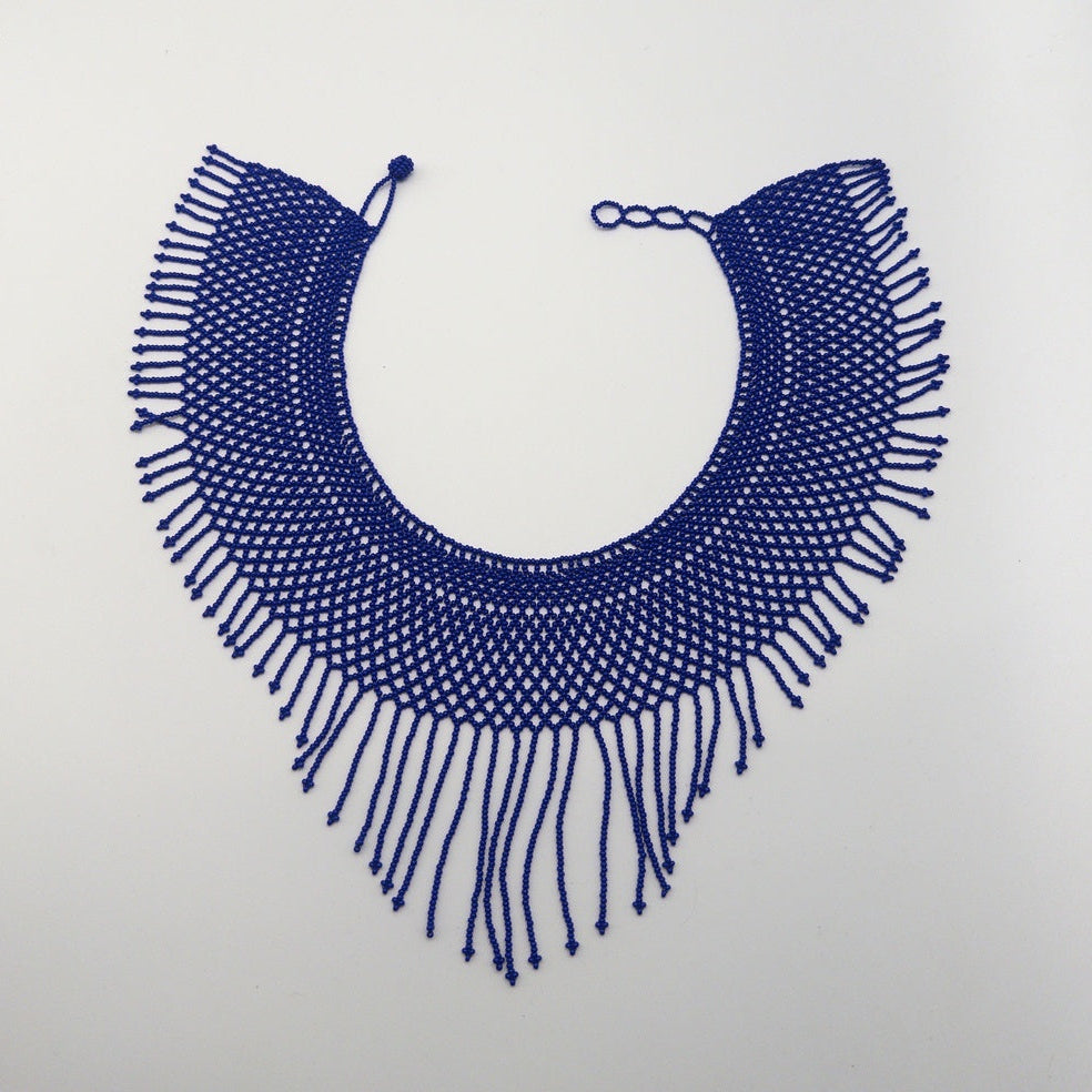 Collar Babero Chaquira Azul Indigo - Arte Huichol Wixárika