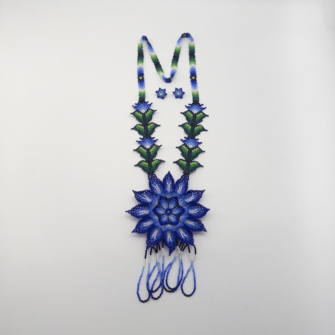 Collar Flor Azul Chaquira - Arte Huichol Wixárika