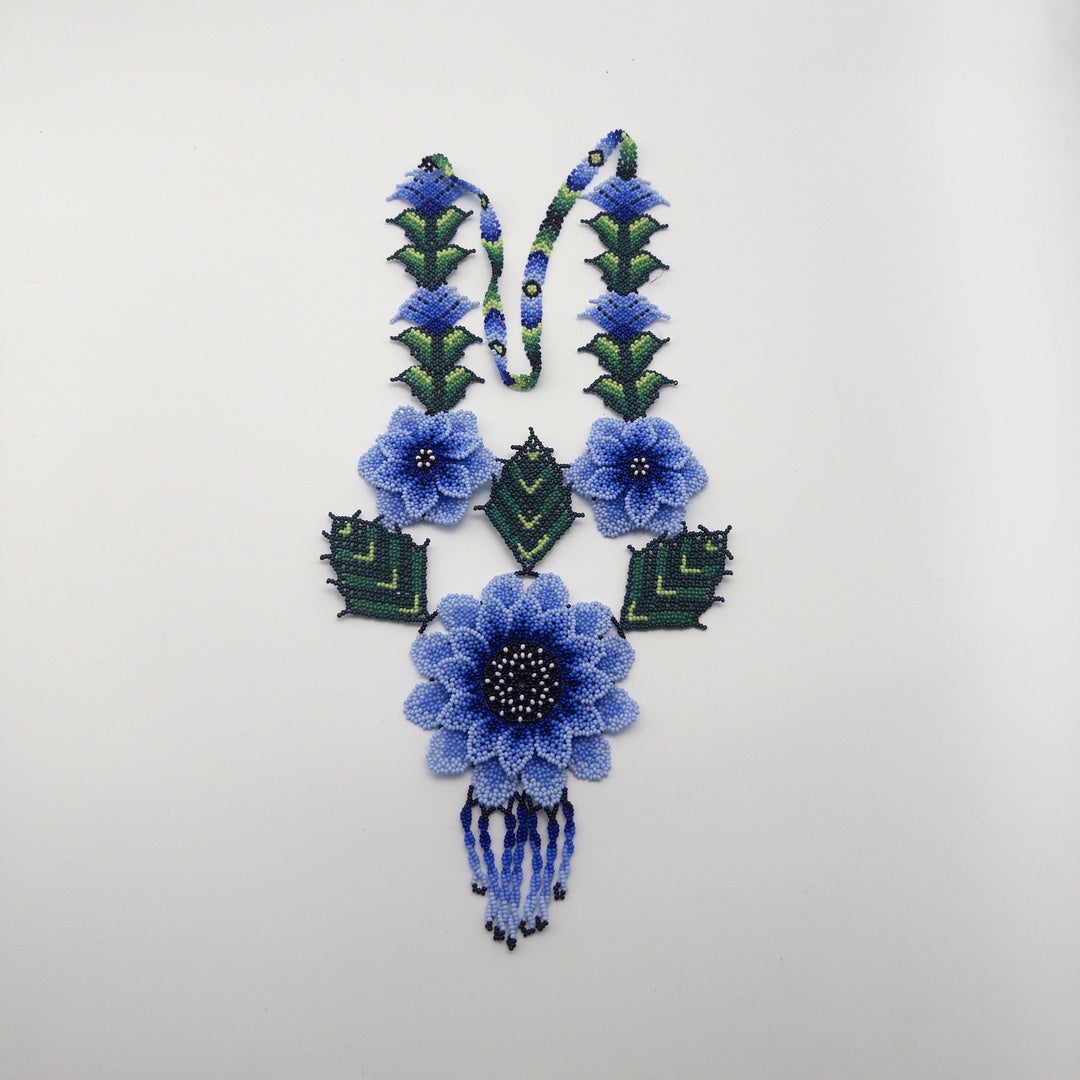 Collar Floral Chaquira Azul Y Verde - Arte Huichol Wixárika