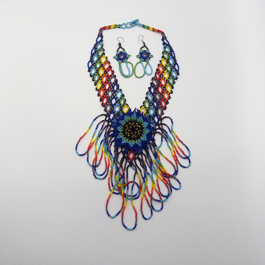 Juego Collar Aretes Chaquira Multicolor - Arte Huichol Wixárika