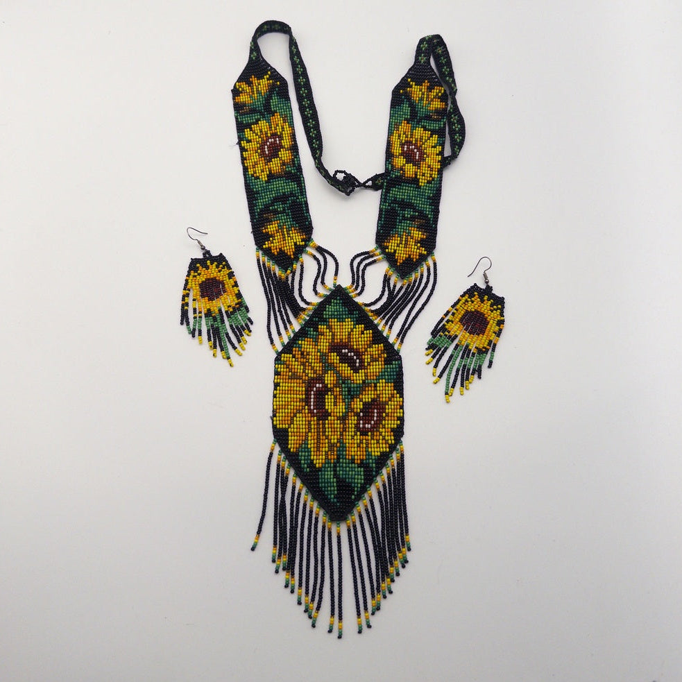Juego Collar Aretes Girasoles Chaquira - Arte Huichol Wixárika